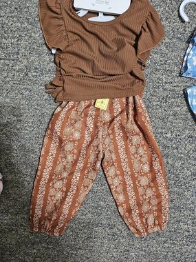 Girls Rust Floral Print Elastic-Waist Pants